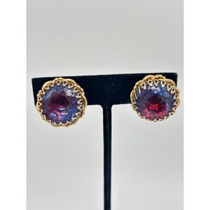 VTG Schiaparelli Style Blue and Purple Glass Earrings with Ornate Prong Setting
